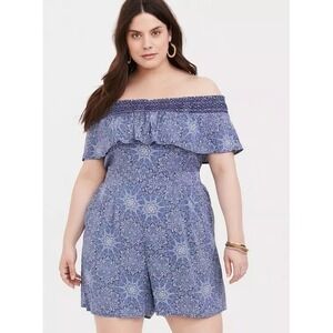Torrid Womens 3 Romper Blue Medallion Off Shoulder Challis Boho Beachy Light